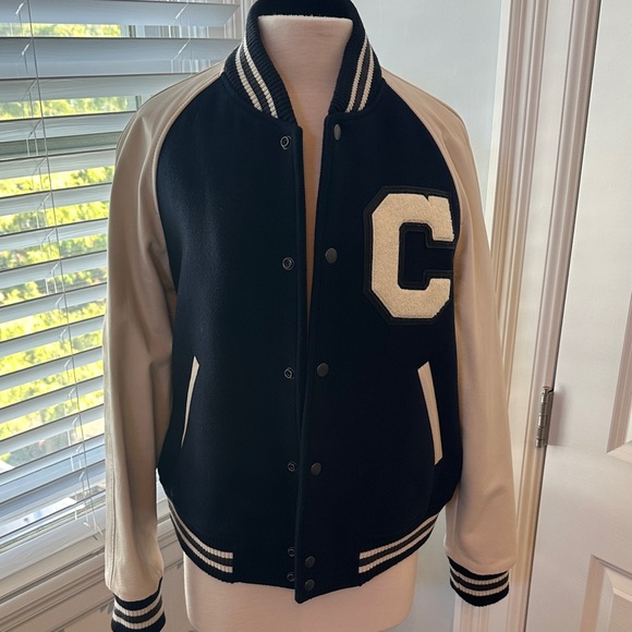 Coach navy blue and Cream Varsity Jacket leather oversized jacket size S - Picture 1 of 9